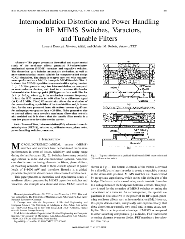 (PDF) Intermodulation distortion and power handling in RF MEMS switches ...