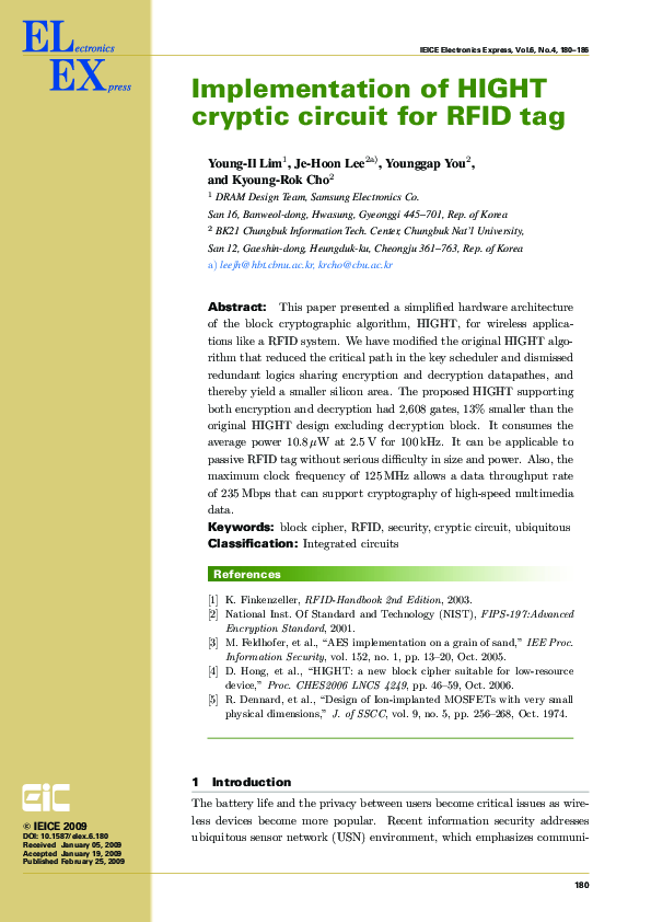 (PDF) Implementation of HIGHT cryptic circuit for RFID tag