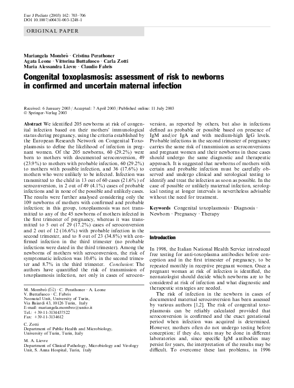 (PDF) Congenital toxoplasmosis: assessment of risk to newborns in ...