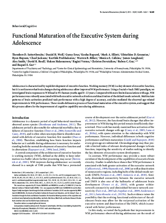 (PDF) Functional Maturation of the Executive System during Adolescence