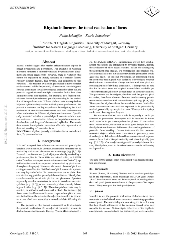 (PDF) Rhythm influences the tonal realisation of focus