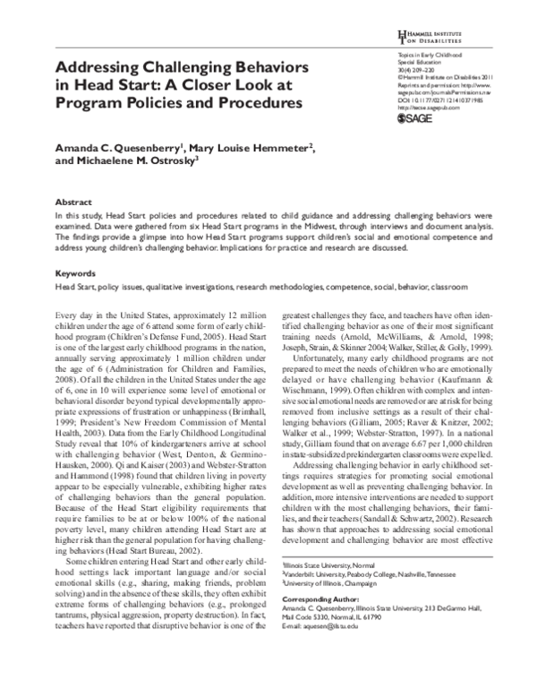 (PDF) Addressing Challenging Behaviors in Head Start: A Closer Look at ...