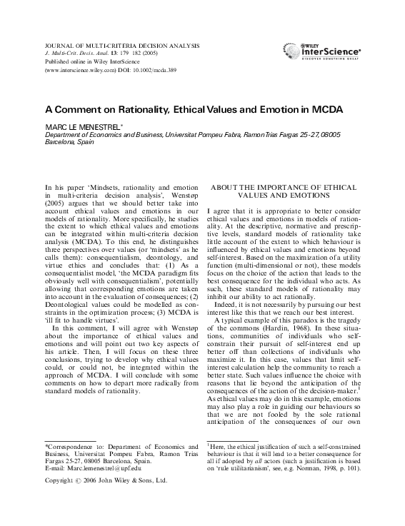 (PDF) A comment on rationality, ethical values and emotion in MCDA