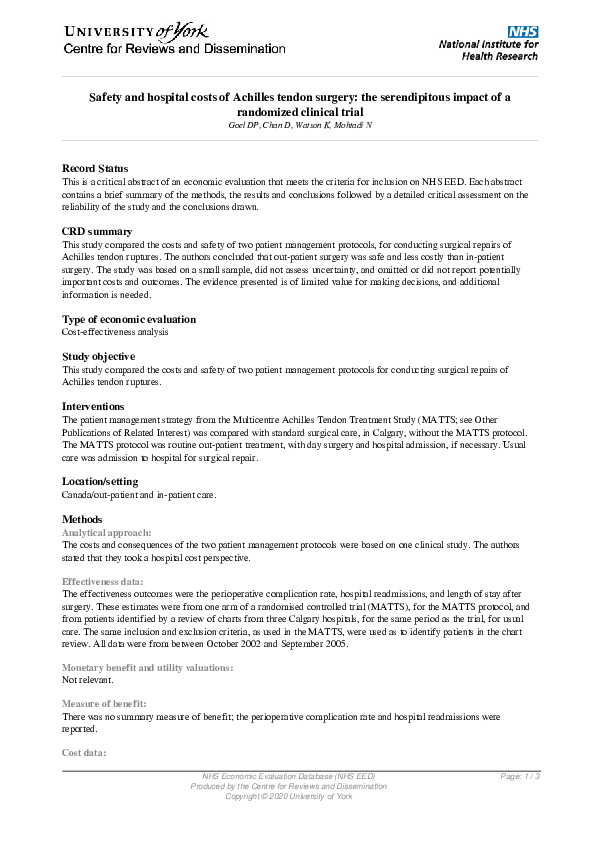 (PDF) Safety and hospital costs of Achilles tendon surgery: the ...