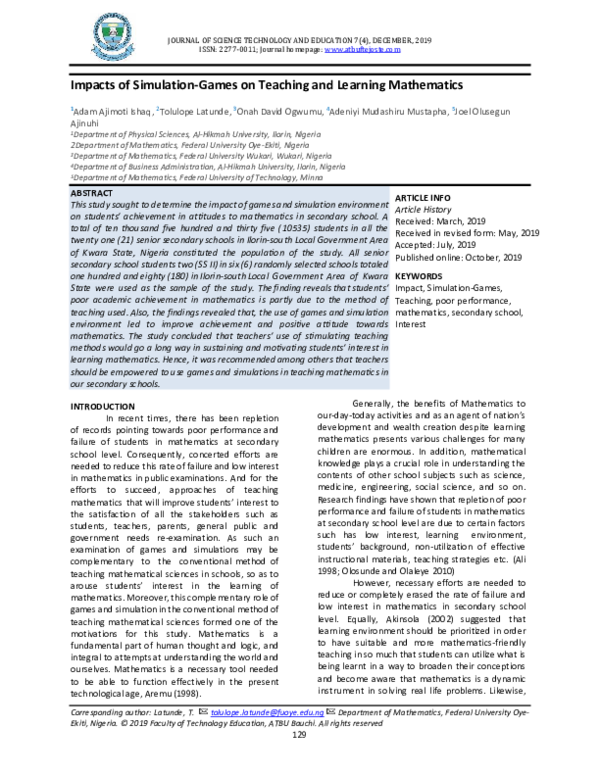 (PDF) Impacts of Simulation-Games on Teaching and Learning Mathematics