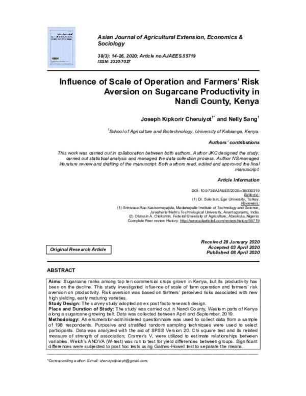 (PDF) Influence of Scale of Operation and Farmers’ Risk Aversion on ...