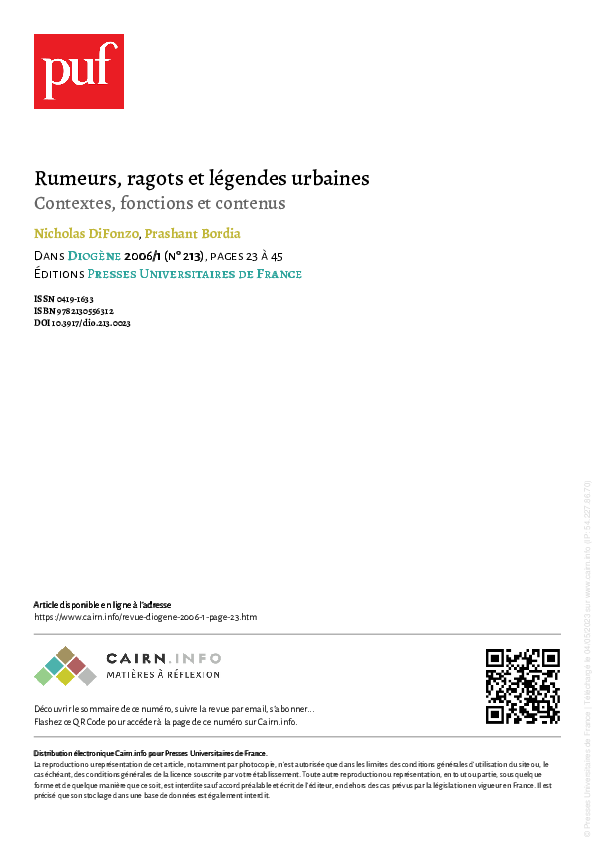 (PDF) Rumeurs, ragots et légendes urbaines