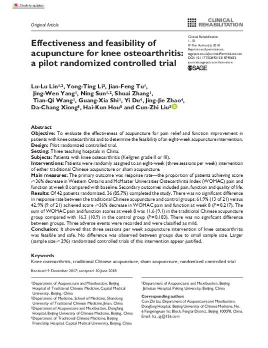 (PDF) Effectiveness and feasibility of acupuncture for knee ...