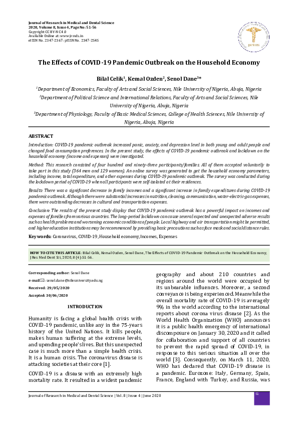 (PDF) The Effects of COVID-19 Pandemic Outbreak on the Household Economy