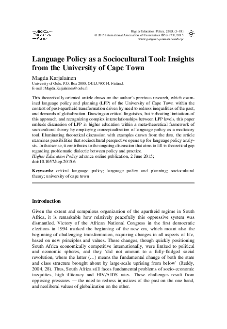 (PDF) Language Policy as a Sociocultural Tool: Insights from the ...