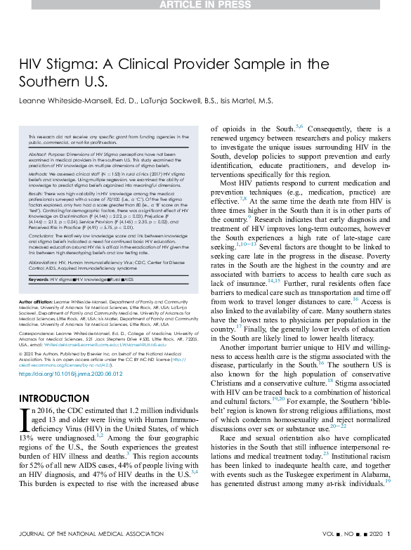 (PDF) HIV Stigma: A Clinical Provider Sample in the Southern U.S