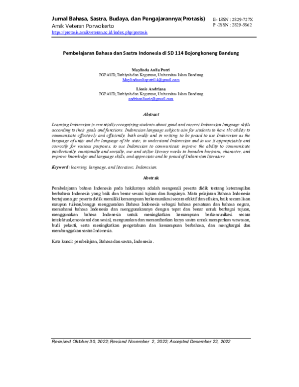 (PDF) Pembelajaran Bahasa dan Sastra Indonesia di SD 114 Bojongkoneng ...