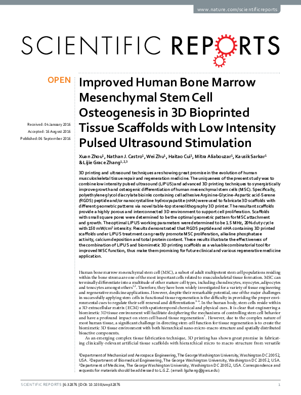 Improved Human Bone Marrow Mesenchymal Stem Cell Osteogenesis in 3D Bioprinted Tissue Scaffolds with Low Intensity Pulsed Ultrasound Stimulation