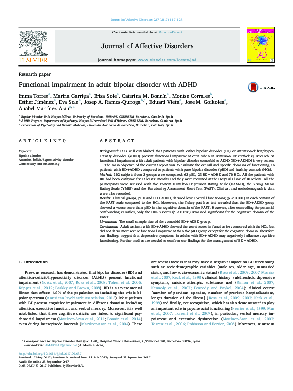 (PDF) Functional impairment in adult bipolar disorder with ADHD