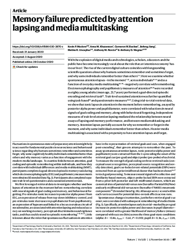 (PDF) Memory failure predicted by attention lapsing and media multitasking