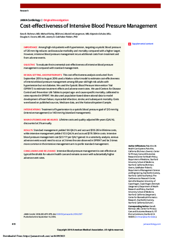 (PDF) Cost-effectiveness of Intensive Blood Pressure Management