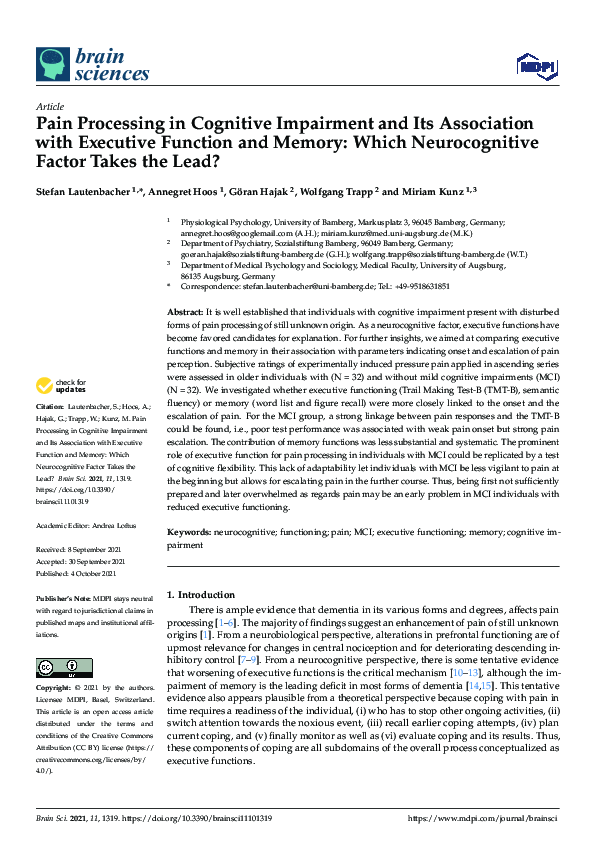 (PDF) Pain Processing in Cognitive Impairment and Its Association with ...