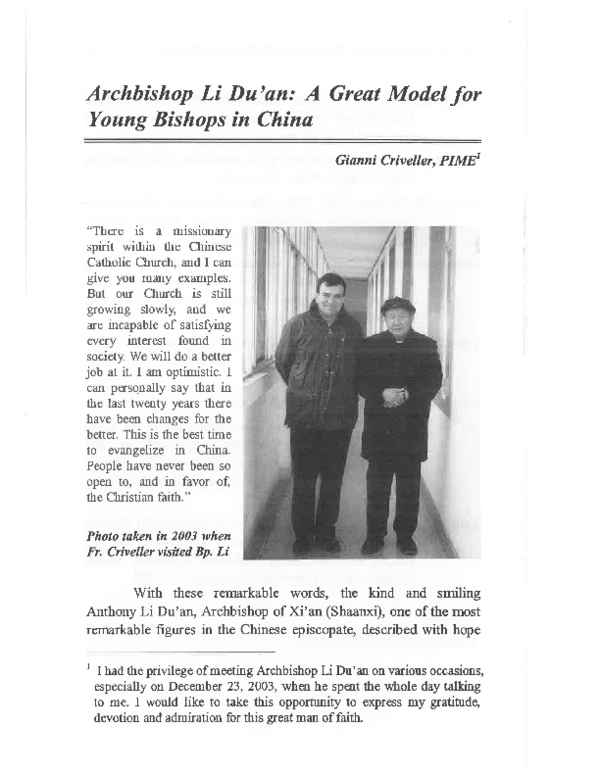 (PDF) Archbishop Li Du'an: A Great Model for Young Bishop in China