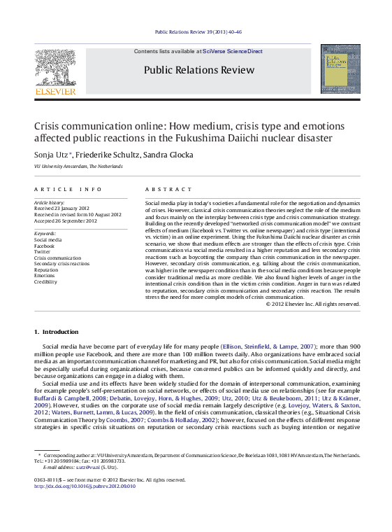 (PDF) Crisis communication online: How medium, crisis type and emotions ...