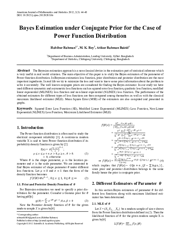 (PDF) Bayes Estimation under Conjugate Prior for the Case of Power ...
