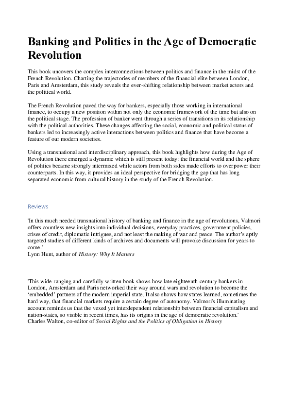 (PDF) Banking and Politics in the Age of Democratic Revolution