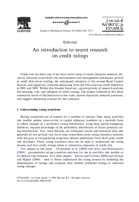 (PDF) An introduction to recent research on credit ratings