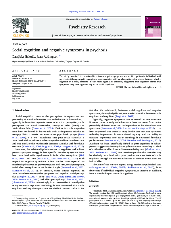(PDF) Social cognition and negative symptoms in psychosis