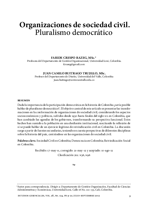 Organizações da sociedade civil. Pluralismo Democrático