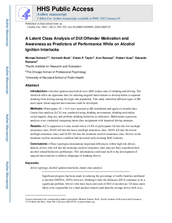 (PDF) A Latent Class Analysis of DUI Offender Motivation and Awareness ...