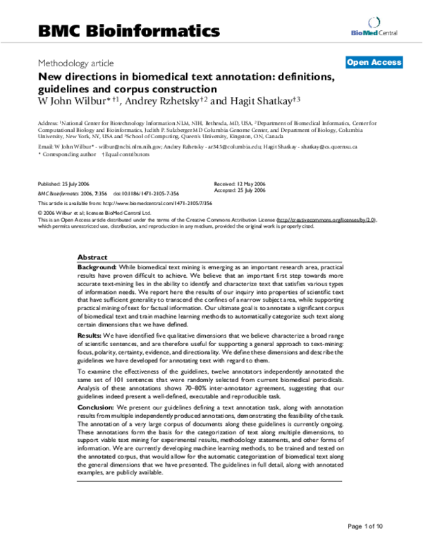 New directions in biomedical text annotation: definitions, guidelines and corpus construction