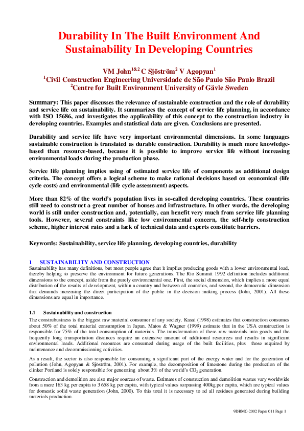 (PDF) Durability In The Built Environment And Sustainability In ...