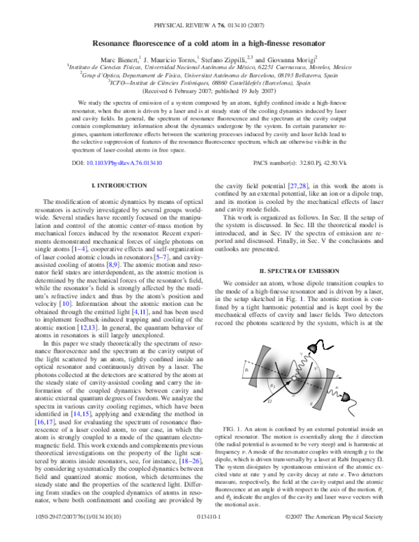 (PDF) Resonance fluorescence of a cold atom in a highfinesse resonator