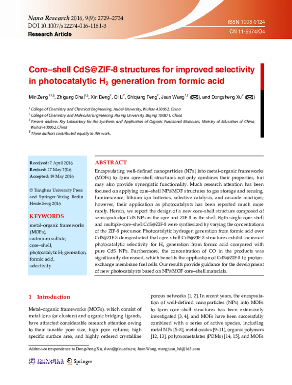 (PDF) Core–shell CdS@ZIF-8 structures for improved selectivity in ...