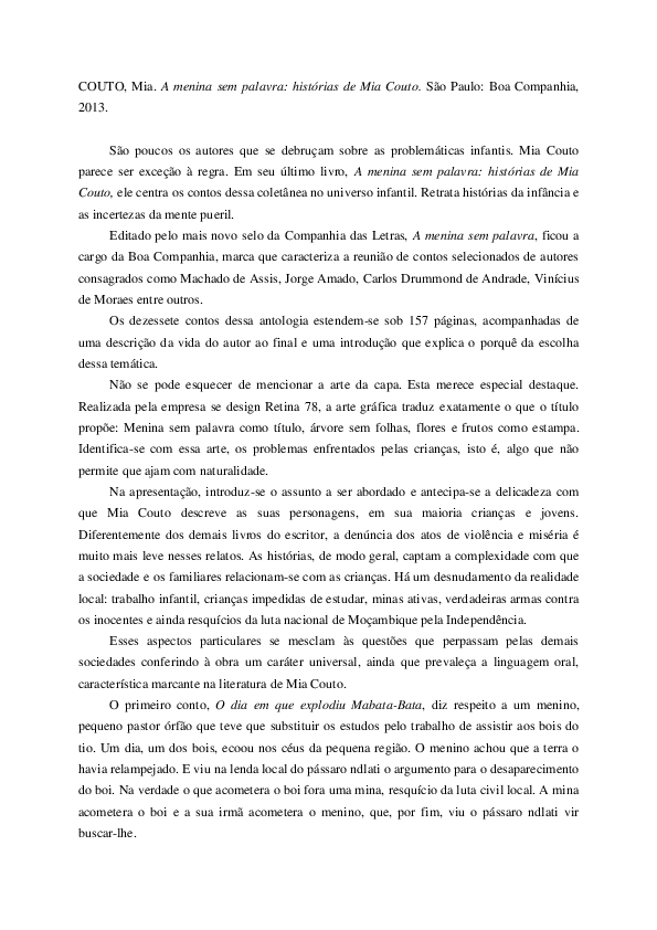 (PDF) COUTO, Mia. A menina sem palavra: histórias de Mia Couto