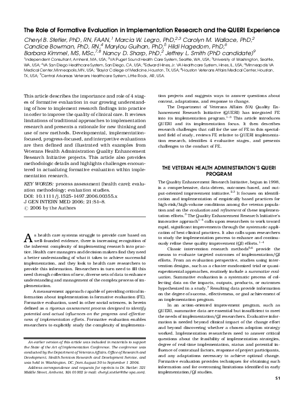 (PDF) The role of formative evaluation in implementation research and ...