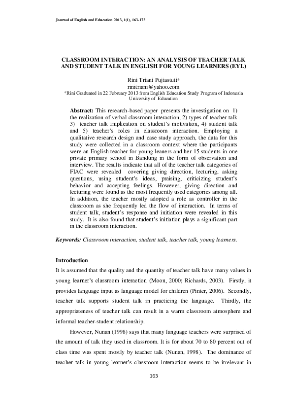(PDF) Classroom Interaction: An Analysis of Teacher Talk and Student ...