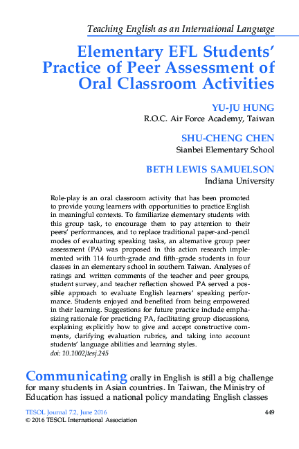 Pdf Elementary Efl Students Practice Of Peer Assessment Of Oral Pdf Elementary Efl Students Practice Of Peer Assessment Of Oral