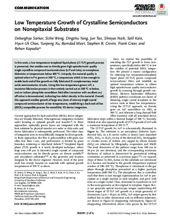 (PDF) Low Temperature Growth of Crystalline Semiconductors on ...