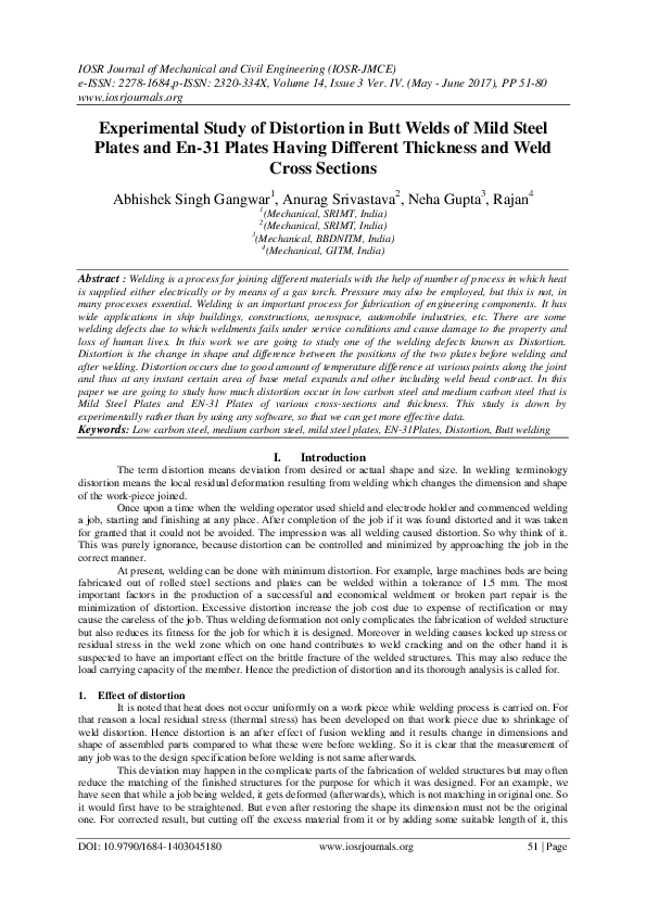 (PDF) Experimental Study of Distortion in Butt Welds of Mild Steel ...
