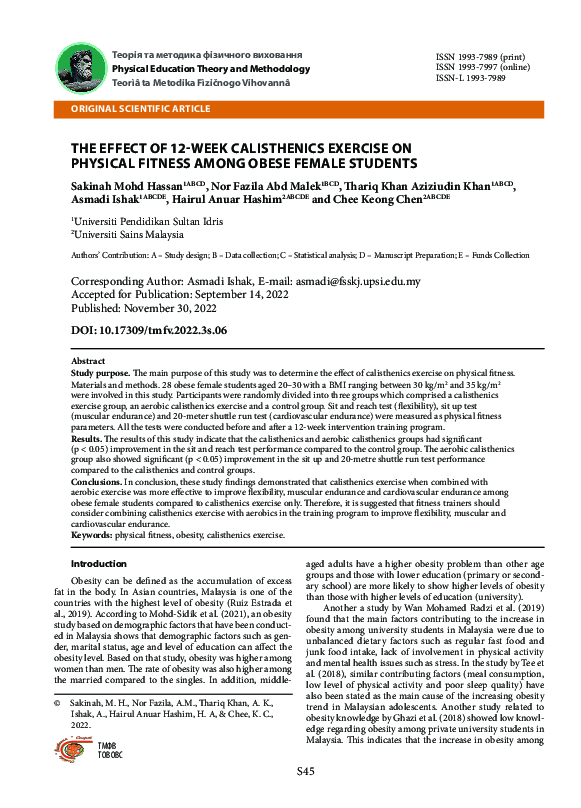 (PDF) The Effect of 12-Week Calisthenics Exercise on Physical Fitness ...