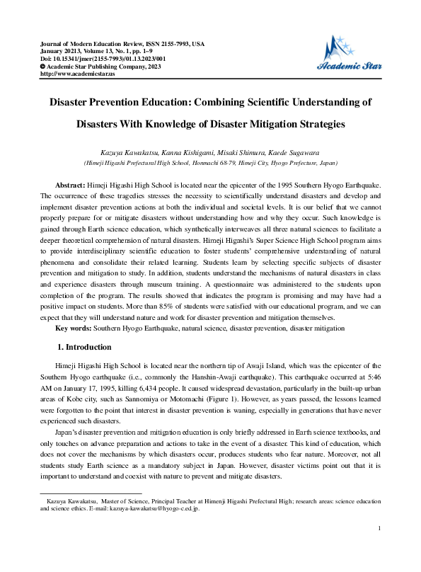 (PDF) Disaster Prevention Education: Combining Scientific Understanding ...