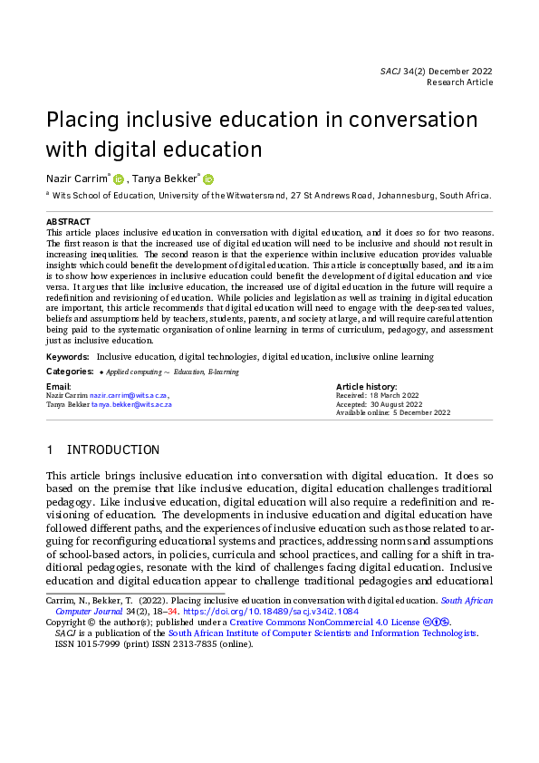 (PDF) Placing inclusive education in coversation with digital education
