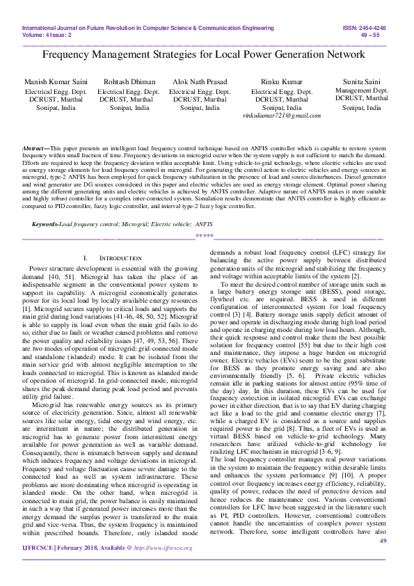(PDF) Frequency Management Strategies for Local Power Generation Network