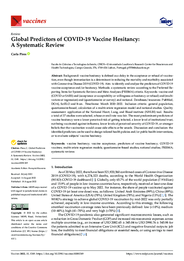 (PDF) Global Predictors of COVID-19 Vaccine Hesitancy: A Systematic Review