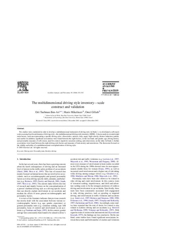 (PDF) The multidimensional driving style inventory—scale construct and ...