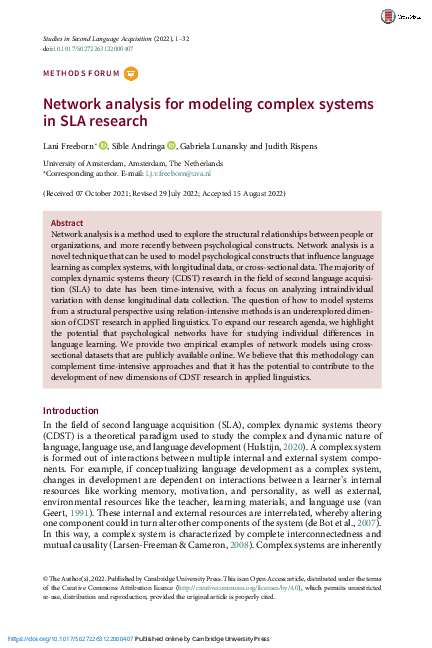 (PDF) Network analysis for modeling complex systems in SLA research