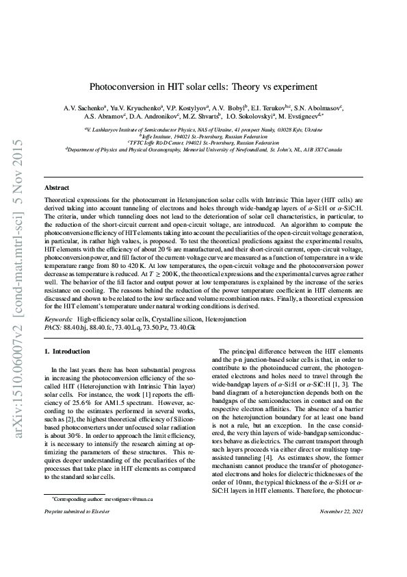 (PDF) Photoconversion in the HIT solar cells: Theory vs experiment