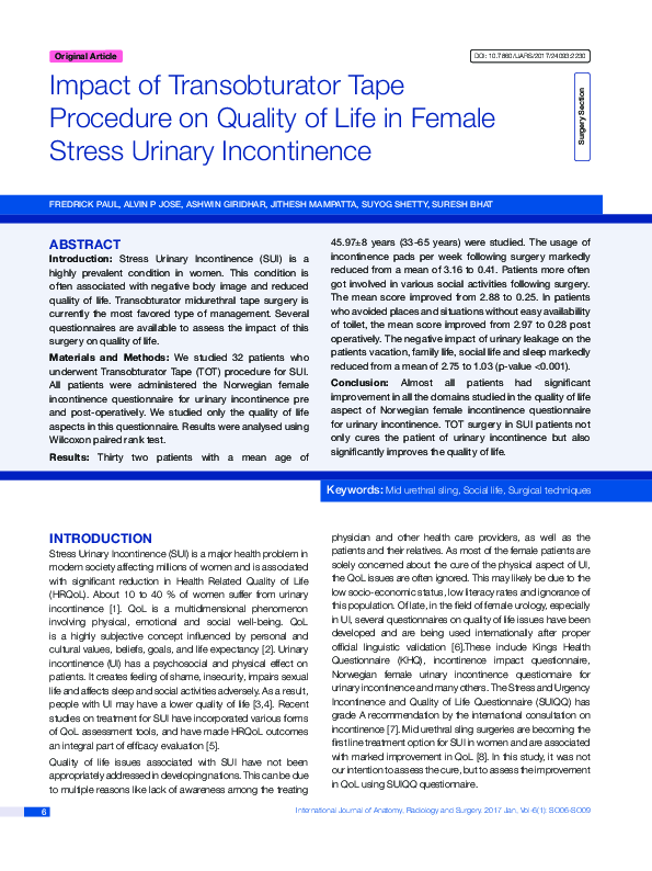 (PDF) Impact of Transobturator Tape Procedure on Quality of Life in ...