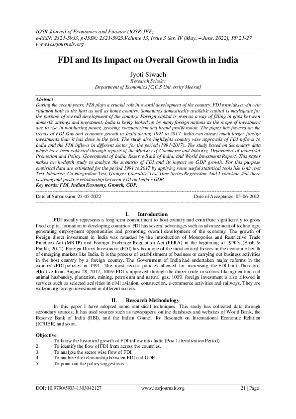 (PDF) FDI and Its Impact on Overall Growth in India