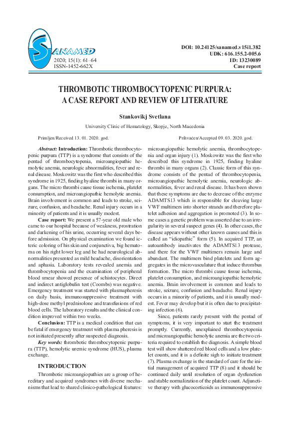 (PDF) Thrombotic Thrombocytopenic Purpura: A Case Report and Review of ...